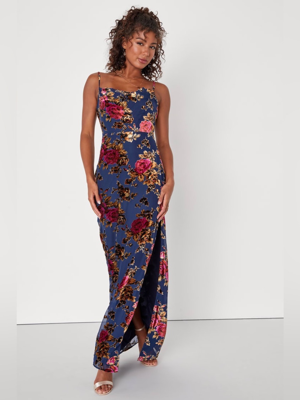 Lulu’s Chic Romantic Navy Blue Burnout Velvet Floral Cowl Neck Dress XS